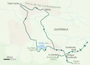 Karte der Trekkingreise in Guatemala: von Antigua Guatemala über den Vulkan Acatenango und die Cuchumatanes zum Atitlán-See.
