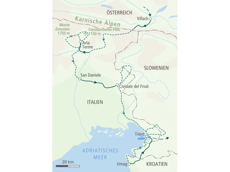 Karte unserer Radreise von Villach in Österreich durch die Karnischen Alpen und Cividale del Friuli nach Triest an die Adria.