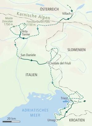 Karte unserer Radreise von Villach in Österreich durch die Karnischen Alpen und Cividale del Friuli nach Triest an die Adria.