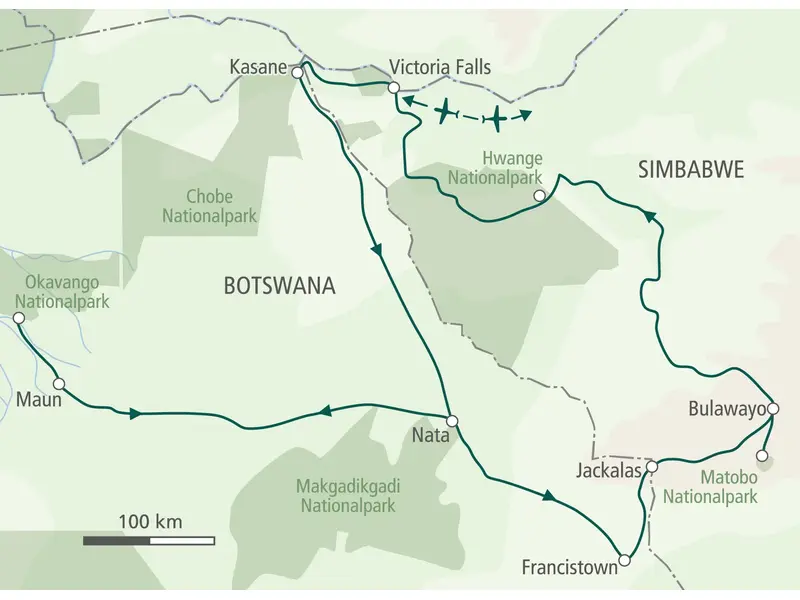 Karte der Hauser Safarireise in Botswana & Simbabwe: von Victoria Falls über Chobe-Nationalpark, Okavango Delta und Hwange-Nationalpark zu den Victoriafällen zurück.