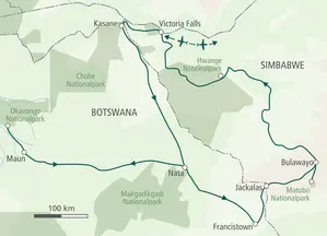 Karte der Hauser Safarireise in Botswana & Simbabwe: von Victoria Falls über Chobe-Nationalpark, Okavango Delta und Hwange-Nationalpark zu den Victoriafällen zurück.
