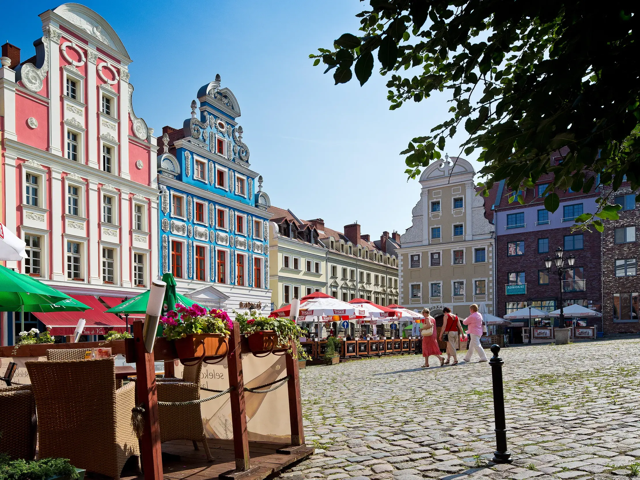 Bunte Giebelhäuser am historischen Marktplatz in Stettin (Szczecin) mit Außengastronomie an einem sonnigen Tag.