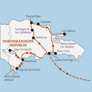 Karte der Marco Polo Rundreise in der Dominikanischen Republik. Route von Santo Domingo über Barahona, Jarabacoa und Puerto Plata auf die Halbinsel Samaná.