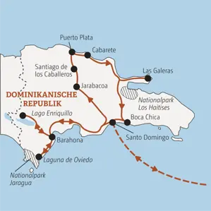 Karte der Marco Polo Rundreise in der Dominikanischen Republik. Route von Santo Domingo über Barahona, Jarabacoa und Puerto Plata auf die Halbinsel Samaná.