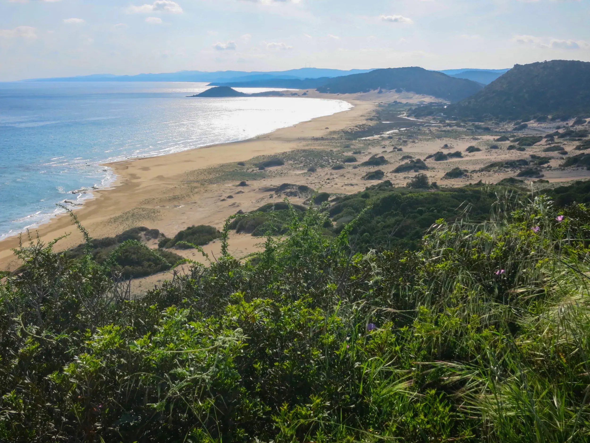 Blick vom Beşparmak-Trail über grüne Büsche auf einen Sandstrand und das glitzernde Mittelmeer in Nordzypern bei sonnigem Wetter.
