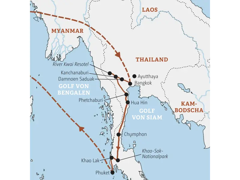 Karte der geführten Rundreise durch Thailand: Route von Bangkok über Kanchanaburi, Hua Hin und Khao Sok bis nach Khao Lak.