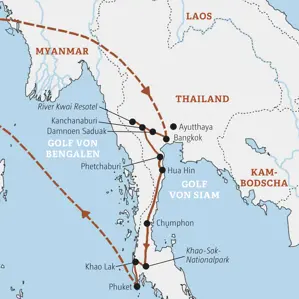 Karte der geführten Rundreise durch Thailand: Route von Bangkok über Kanchanaburi, Hua Hin und Khao Sok bis nach Khao Lak.