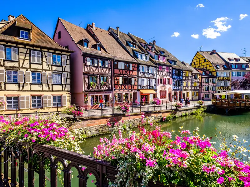 Blick von einer blumengeschmückten Brücke auf die farbenfrohen Fachwerkhäuser am Kanal in Colmar im Elsass.