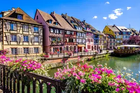 Blick von einer blumengeschmückten Brücke auf die farbenfrohen Fachwerkhäuser am Kanal in Colmar im Elsass.