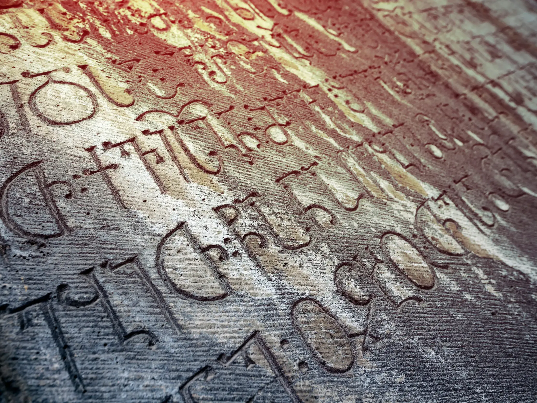 Nahaufnahme der alten georgischen Schrift, kunstvoll in eine verwitterte Steinwand in einer historischen Stätte eingemeißelt.