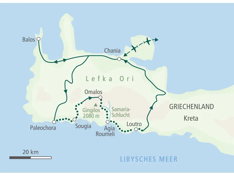 Route der Wanderreise auf Kreta: von Chania nach Paleochora, über Omalos, die Samaria-Schlucht und Agia Roumeli nach Loutro.