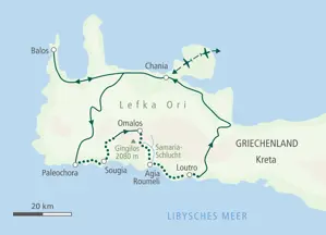 Route der Wanderreise auf Kreta: von Chania nach Paleochora, über Omalos, die Samaria-Schlucht und Agia Roumeli nach Loutro.