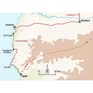Routenkarte des Kameltrekkings in Marokko: von Agadir entlang der Atlantikküste nach Essaouira, Marrakech und Casablanca.