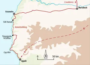 Routenkarte des Kameltrekkings in Marokko: von Agadir entlang der Atlantikküste nach Essaouira, Marrakech und Casablanca.