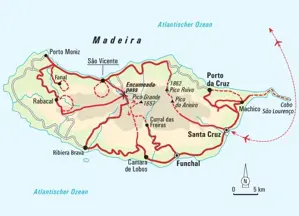 Karte der Hauser Wanderreise auf Madeira mit Wanderungen am Pico Ruivo, im Lorbeerwald von Rabaçal und am Ostkap São Lourenço.