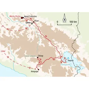 Karte unserer Hauser Wanderreise in Peru: Route von Arequipa über den Colca Canyon, den Titicacasee und Cusco bis nach Machu Picchu.