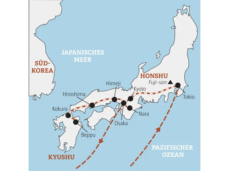 Route der geführten Rundreise für junge Leute in Japan: Von Tokio über Kyoto und Hiroshima nach Beppu und Osaka.