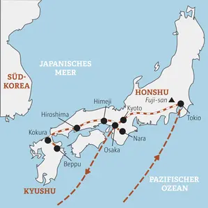 Route der geführten Rundreise für junge Leute in Japan: Von Tokio über Kyoto und Hiroshima nach Beppu und Osaka.