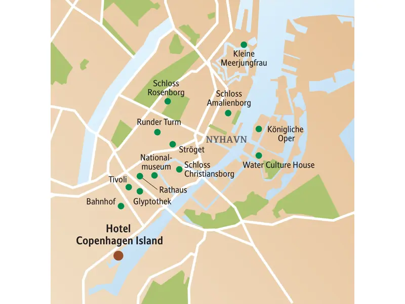 Karte der Studiosus Studienreise in Kopenhagen zeigt Sehenswürdigkeiten wie Tivoli, Ströget und die Kleine Meerjungfrau.