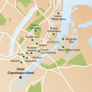 Karte der Studiosus Studienreise in Kopenhagen zeigt Sehenswürdigkeiten wie Tivoli, Ströget und die Kleine Meerjungfrau.