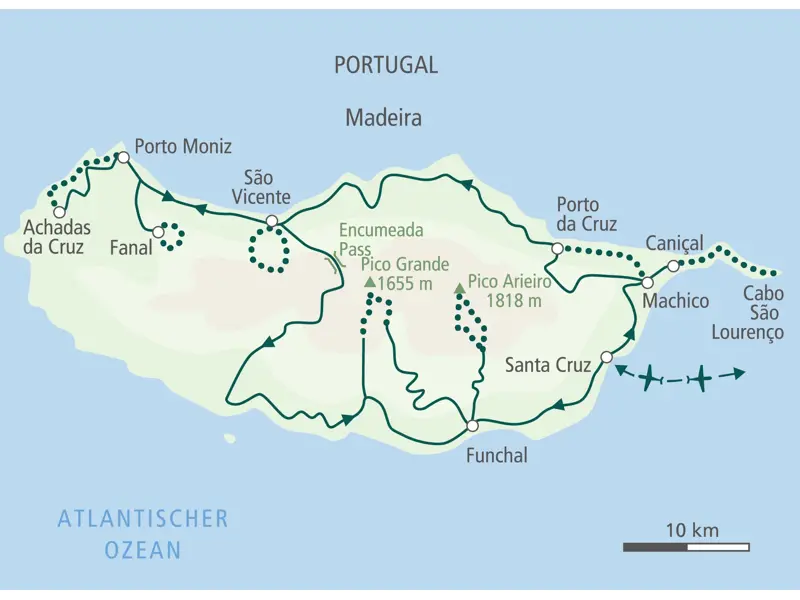 Karte der Hauser Wanderreise auf Madeira mit Route von Santa Cruz zum Pico do Arieiro, São Vicente und Porto Moniz.