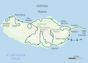 Karte der Hauser Wanderreise auf Madeira mit Route von Santa Cruz zum Pico do Arieiro, São Vicente und Porto Moniz.