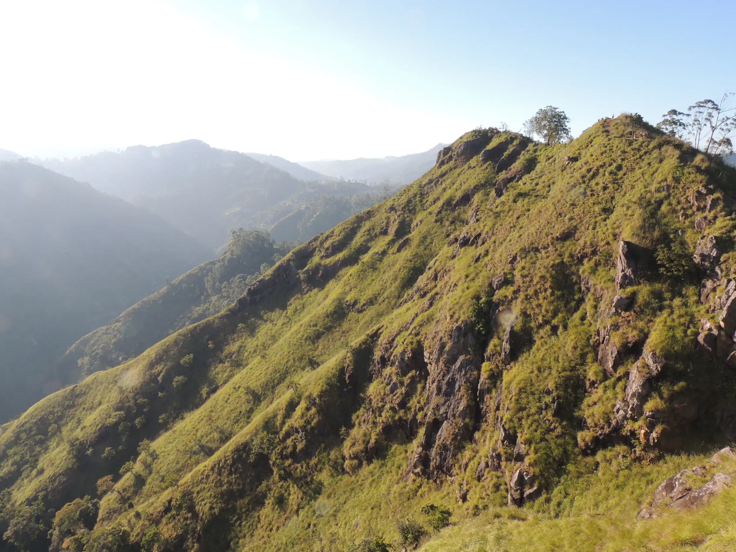 Grüner Bergrücken des Little Adam's Peak bei einer Wanderung in Ella mit weitem Blick über das neblige Hochland Sri Lankas.