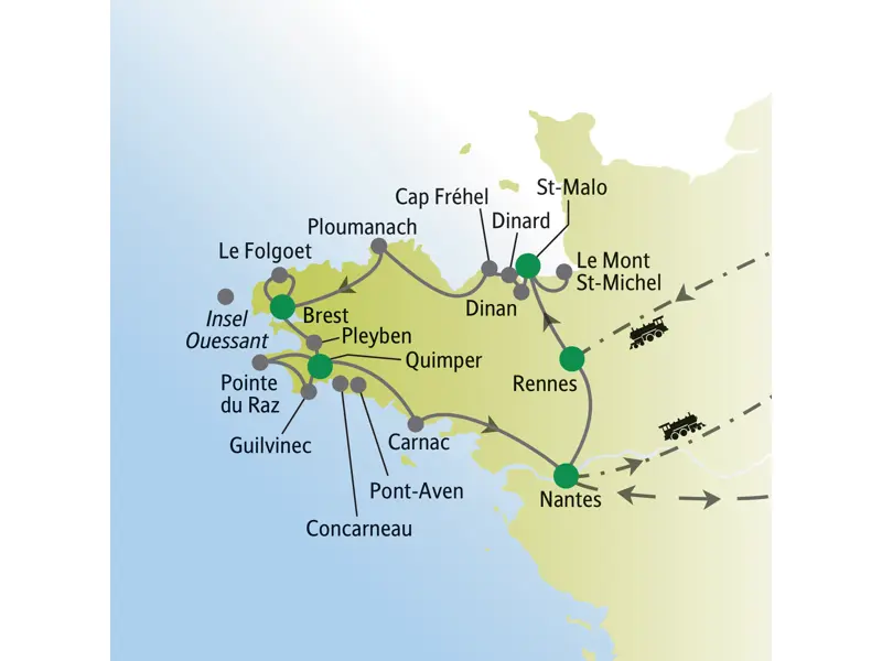Übersichtskarte der Studiosus-Reise in der Bretagne mit dem Routenverlauf von Rennes über St-Malo, Brest und Quimper bis Nantes.