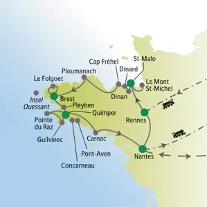 Übersichtskarte der Studiosus-Reise in der Bretagne mit dem Routenverlauf von Rennes über St-Malo, Brest und Quimper bis Nantes.
