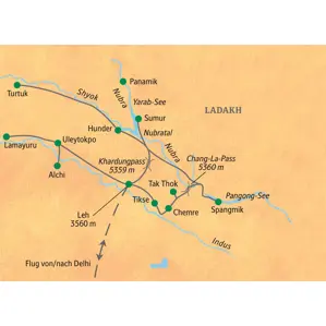 Übersichtskarte der Studiosus Expedition in Ladakh: Die Route führt von Leh ins Nubratal, zum Pangong-See und über hohe Pässe.