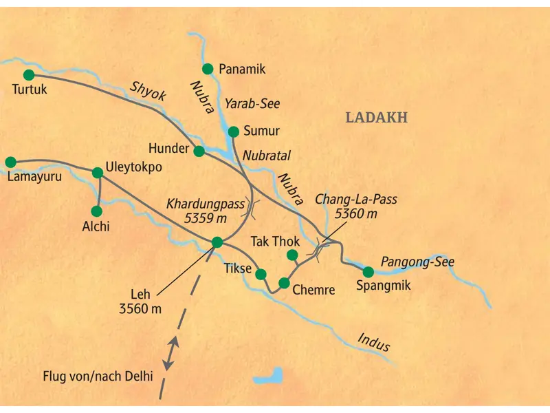 Übersichtskarte der Studiosus Expedition in Ladakh: Die Route führt von Leh ins Nubratal, zum Pangong-See und über hohe Pässe.