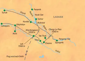 Übersichtskarte der Studiosus Expedition in Ladakh: Die Route führt von Leh ins Nubratal, zum Pangong-See und über hohe Pässe.