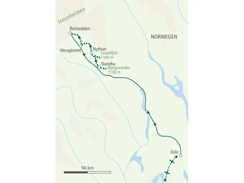 Routenverlauf der Hauser Skilanglauf-Reise in Norwegen von Danebu über Nythun und Harangtunet nach Beitostølen.