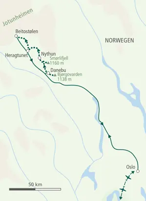 Routenverlauf der Hauser Skilanglauf-Reise in Norwegen von Danebu über Nythun und Harangtunet nach Beitostølen.