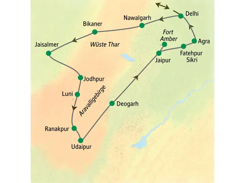 Karte unserer geführten Rundreise in Rajasthan, Indien von Delhi über Jaisalmer, Udaipur, Jaipur und Agra zurück nach Delhi.