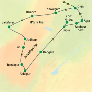 Karte unserer geführten Rundreise in Rajasthan, Indien von Delhi über Jaisalmer, Udaipur, Jaipur und Agra zurück nach Delhi.