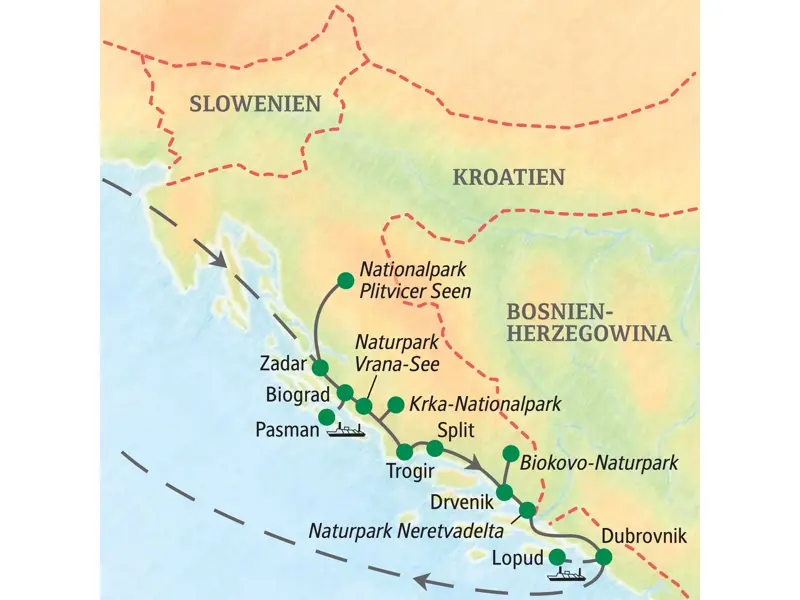Routenverlauf der Wanderreise in Kroatien von Zadar über die Plitvicer Seen, Split und Trogir bis nach Dubrovnik.
