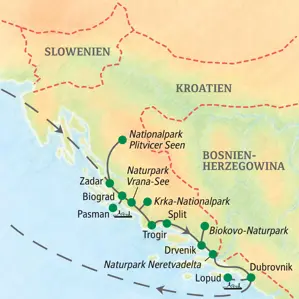 Routenverlauf der Wanderreise in Kroatien von Zadar über die Plitvicer Seen, Split und Trogir bis nach Dubrovnik.
