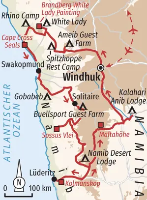 Karte der Hauser Trekkingreise in Namibia als Rundreise ab Windhuk durch die Namib Wüste und entlang der Atlantikküste.