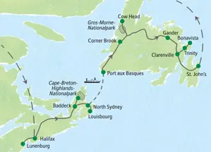 Karte der Studiosus Studienreise in Ostkanada von Halifax, Nova Scotia, über den Cape-Breton- und Gros-Morne-Nationalpark nach St. John's.