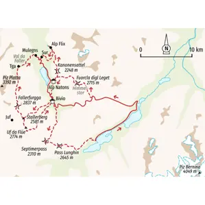Karte der Wanderreise in Graubünden mit Routenverlauf ab Bivio zum Septimerpass, Pass Lunghin und zur Hochebene Alp Flix.