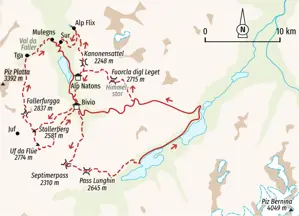 Karte der Wanderreise in Graubünden mit Routenverlauf ab Bivio zum Septimerpass, Pass Lunghin und zur Hochebene Alp Flix.