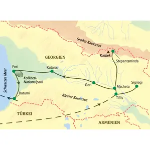 Karte der Studiosus Georgien-Studienreise. Route von Tiflis über Stepantsminda im Kaukasus und Kutaissi bis Batumi am Schwarzen Meer.