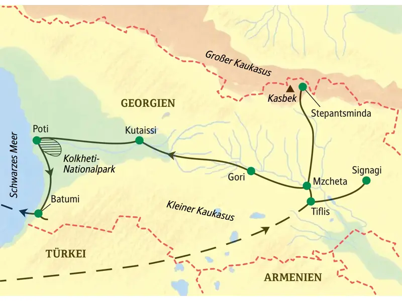 Karte der Studiosus Georgien-Studienreise. Route von Tiflis über Stepantsminda im Kaukasus und Kutaissi bis Batumi am Schwarzen Meer.