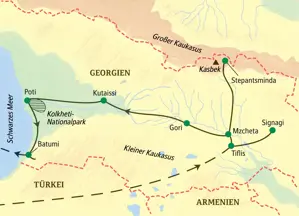 Karte der Studiosus Georgien-Studienreise. Route von Tiflis über Stepantsminda im Kaukasus und Kutaissi bis Batumi am Schwarzen Meer.