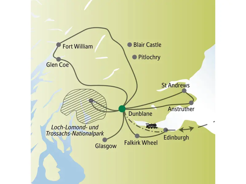 Karte der Singlereise in Schottland: Reiseroute der Ausflüge ab Dunblane nach Glasgow, Edinburgh, St Andrews und in die Highlands.