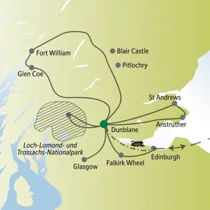 Karte der Singlereise in Schottland: Reiseroute der Ausflüge ab Dunblane nach Glasgow, Edinburgh, St Andrews und in die Highlands.