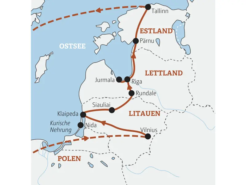 Unsere Reiseroute der Marco Polo Top-Preis Reise im Baltikum führt von Vilnius über Klaipeda und Riga nach Tallinn.