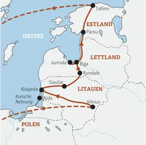 Unsere Reiseroute der Marco Polo Top-Preis Reise im Baltikum führt von Vilnius über Klaipeda und Riga nach Tallinn.