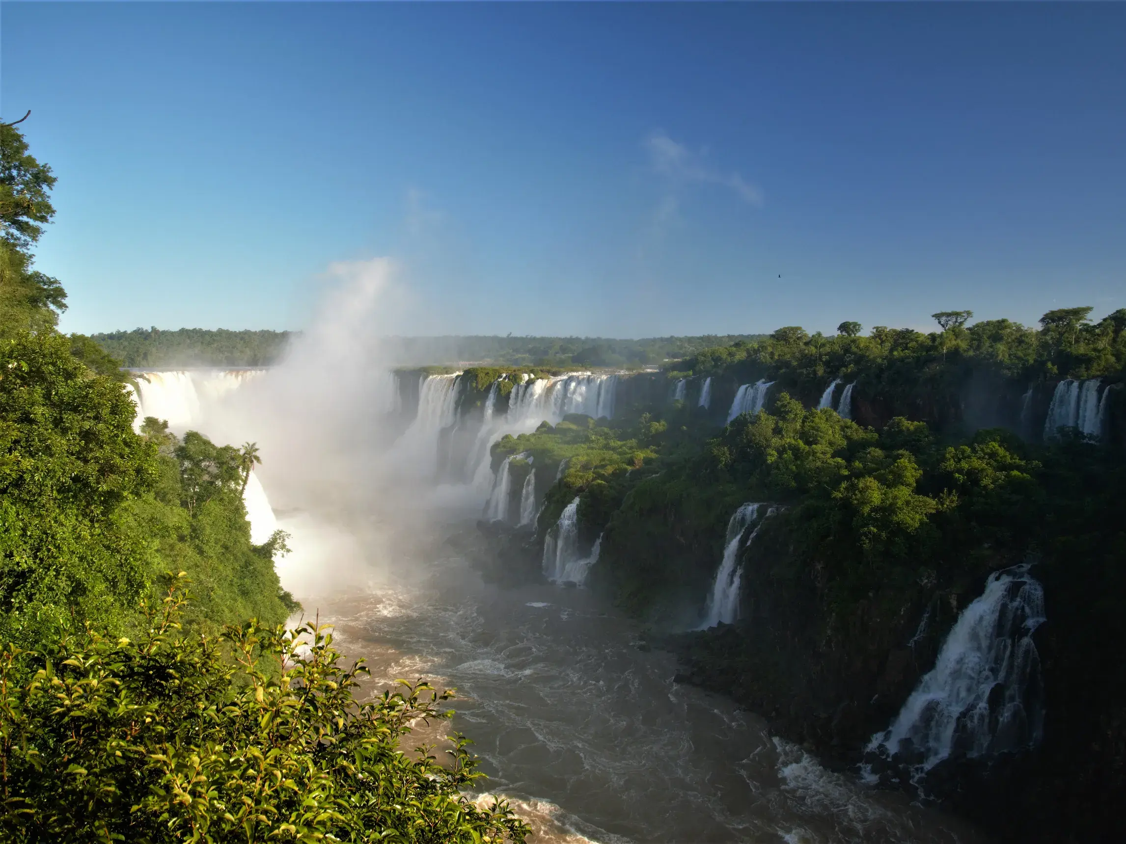 Mächtige Wassermassen der Iguazu-Fälle stürzen bei Sonnenschein in eine grüne Schlucht im brasilianischen Regenwald.